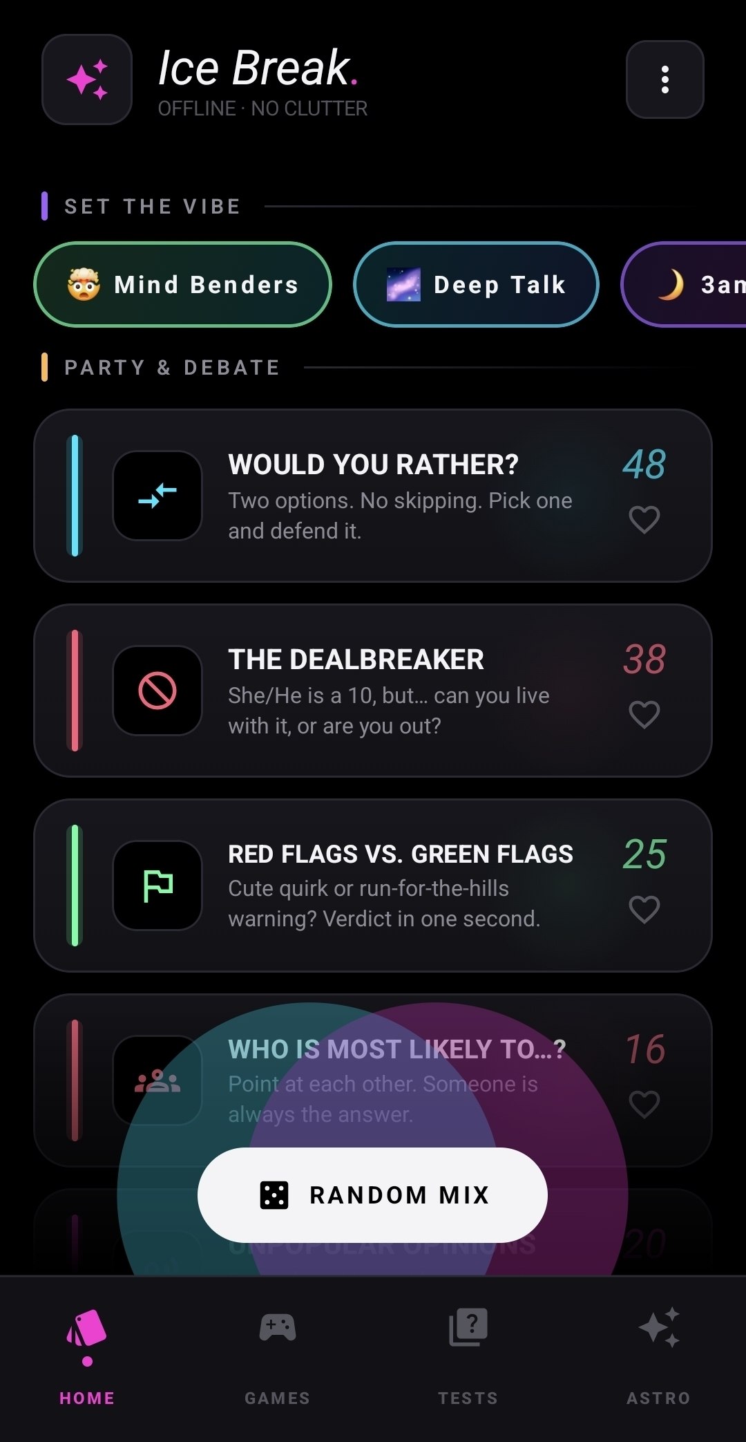 Ice Break home screen with conversation categories