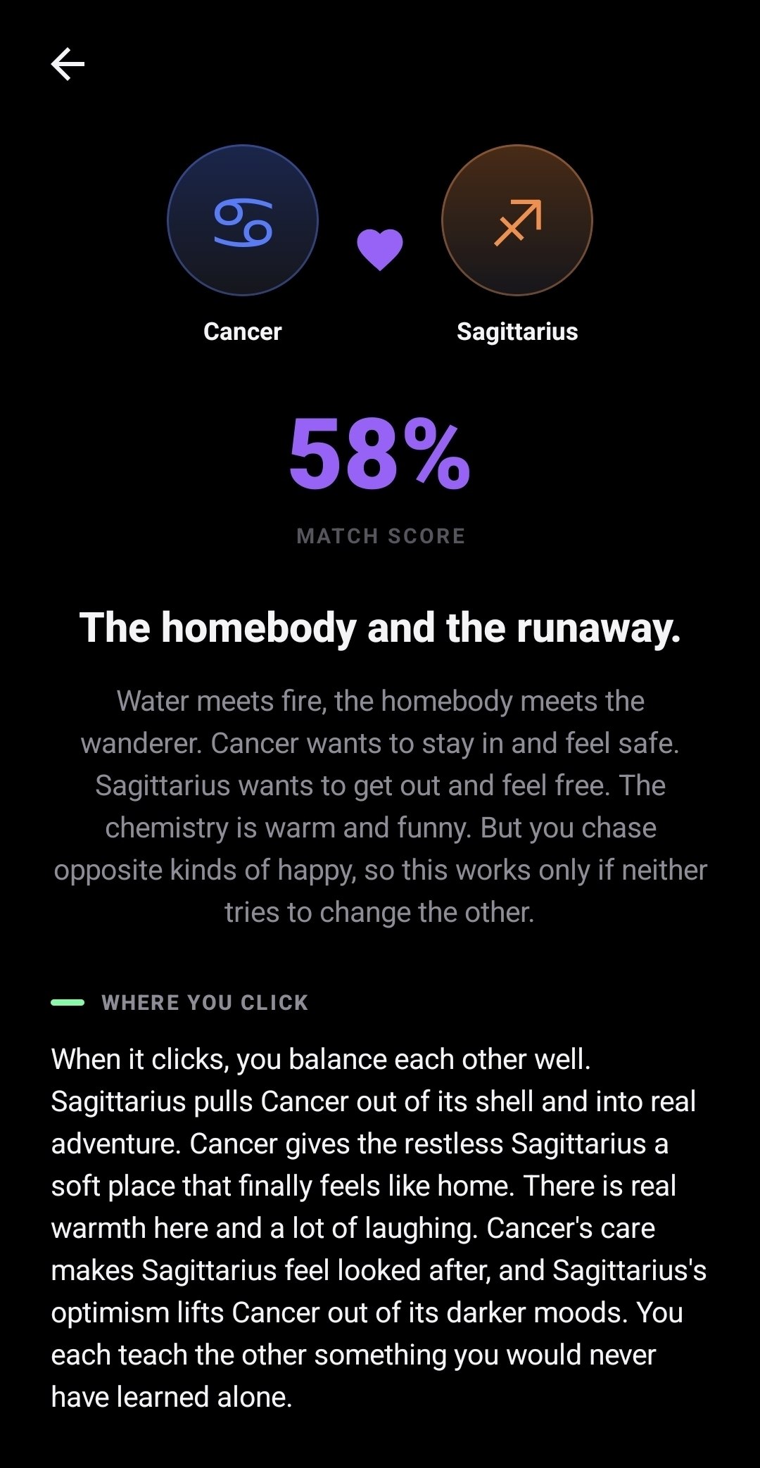 An Astro compatibility match result